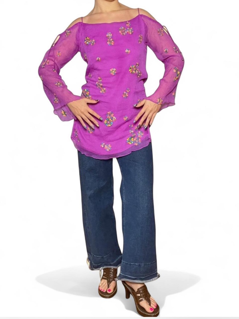 Sequin Embroidered Cold-Shoulder Top in Bright Magenta